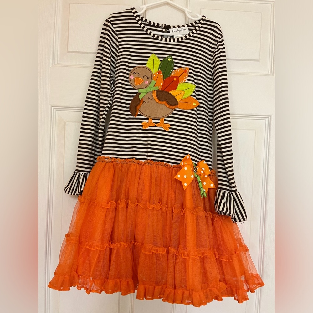Girls Black & White Stripe Turkey Dress with Orange Tulle Skirt sz8 Emily Rose